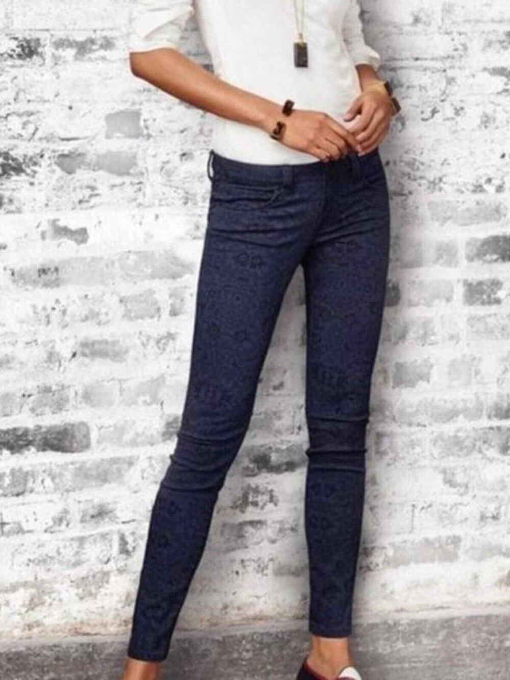 CAbi Pacific Blue Lace Print Skinny Jeans 3195 Modern Stretch